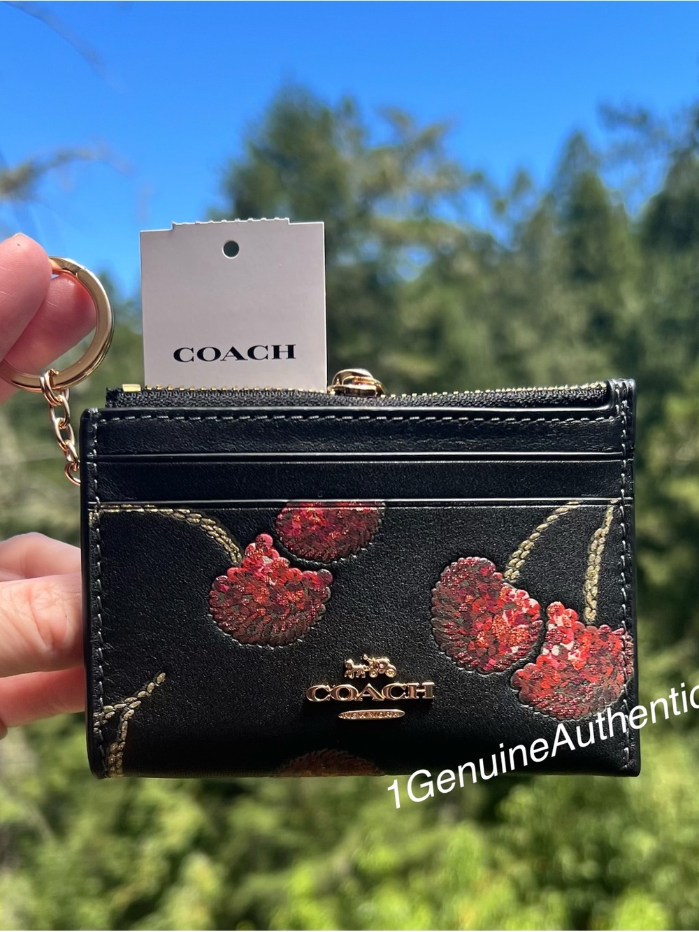 COACH Mini Skinny Id Case Leather Cardholder Wallet w Cherry Print NWT AUTHENTIC